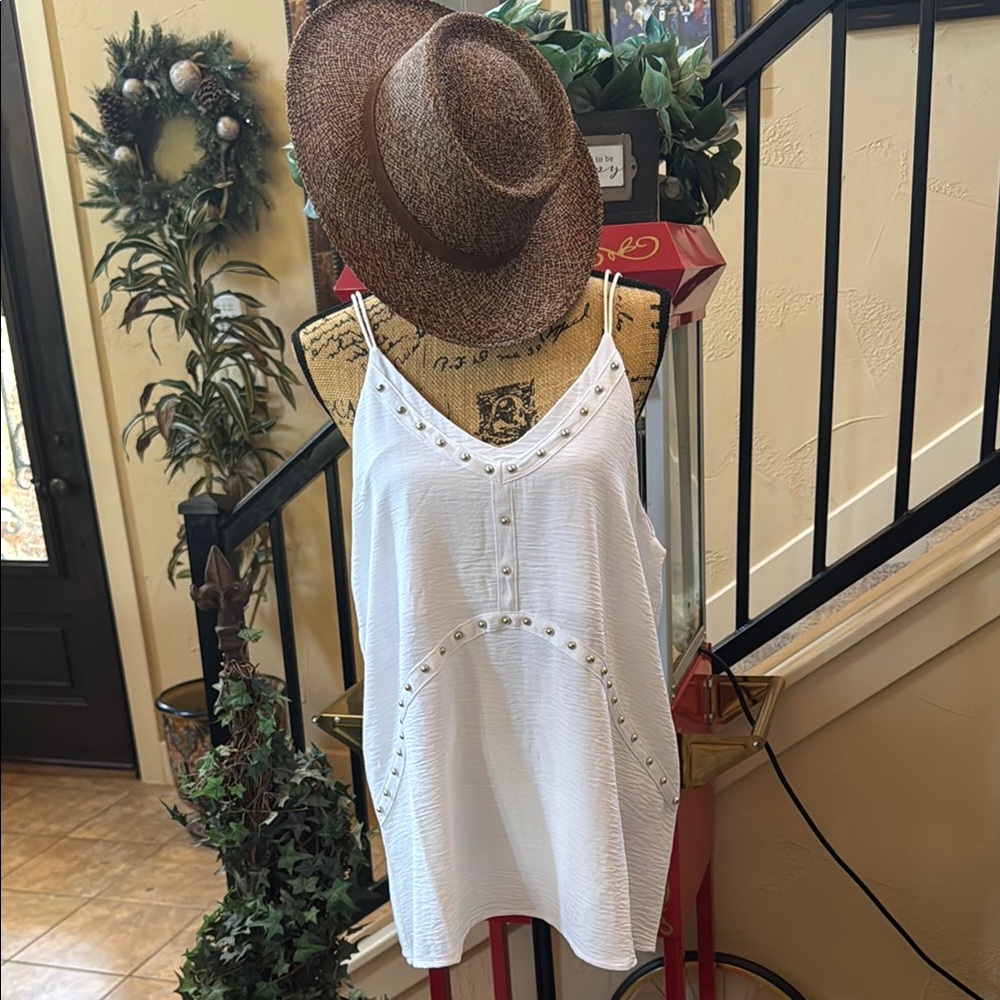Zele White Relaxed Embellished Tank Top